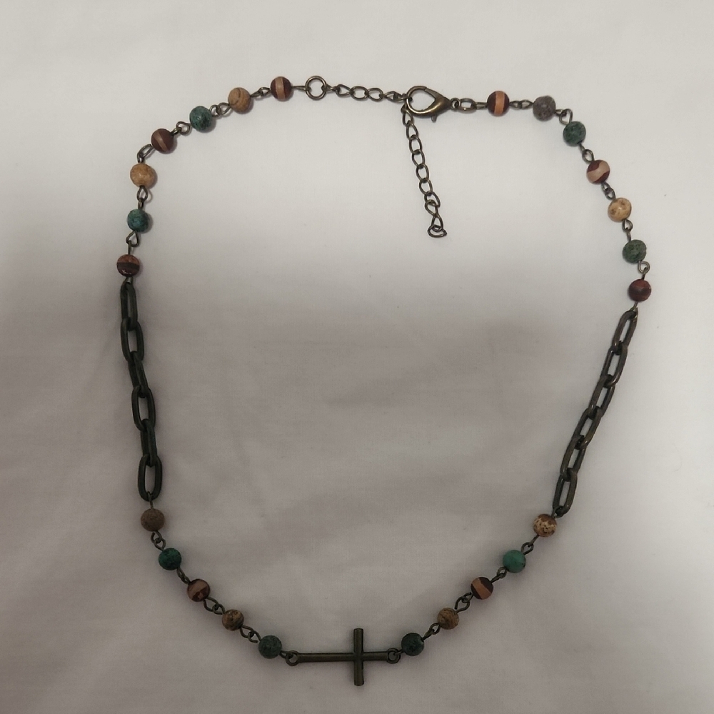 Multicolor Beaded Necklace with Cross Pendant